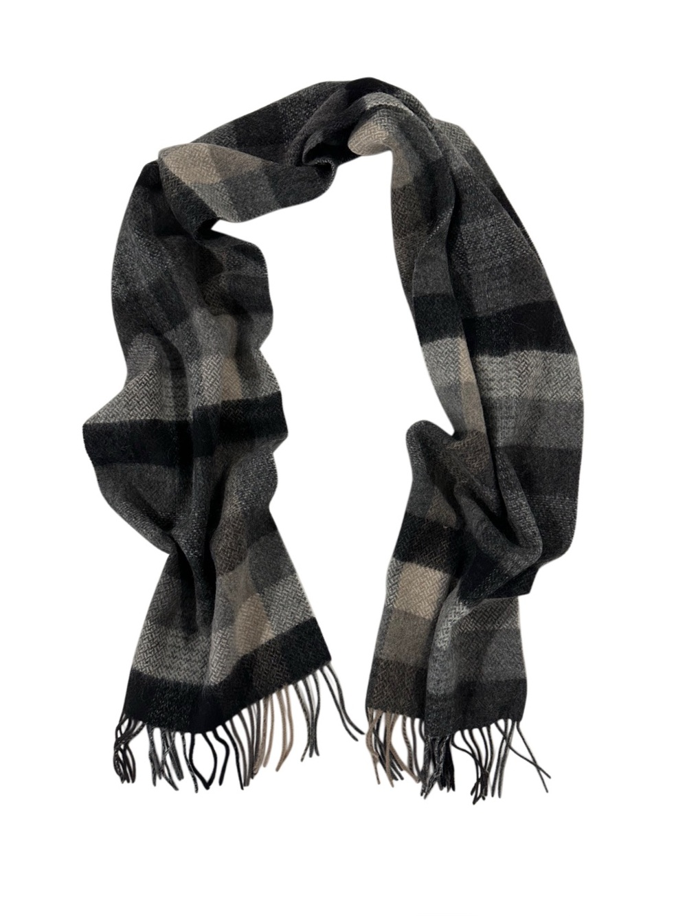 Via Condotti Roma 100% Virgin Wool Plaid Herringbone Fringe Scarf Gray Black